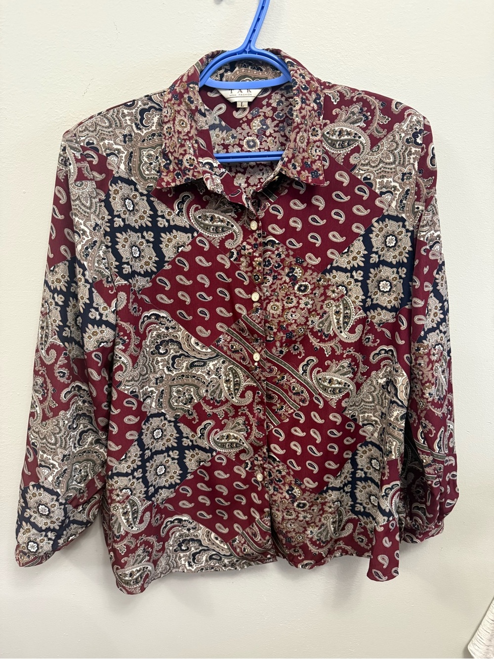 Vintage-Inspired Paisley Button-Down Shirt - Burgundy Womens Large